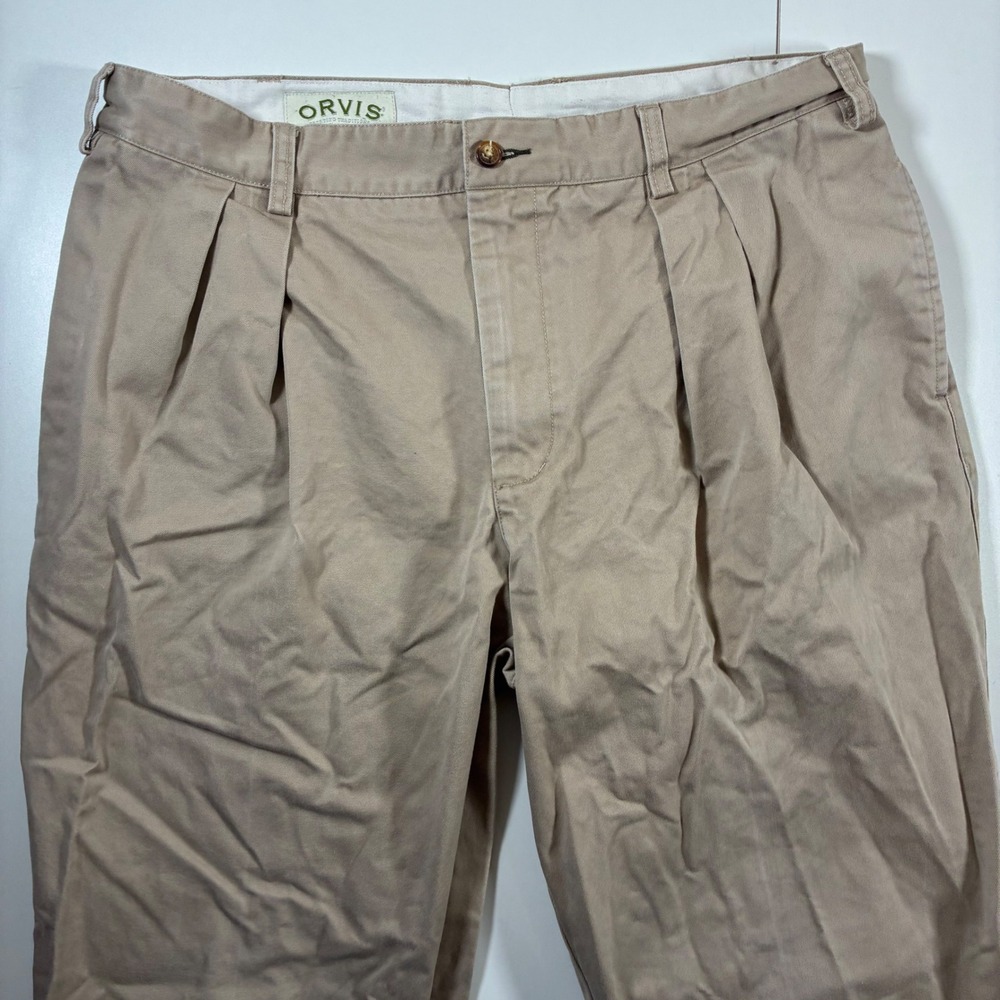 Orvis Chino Pants Men 36x30 Khaki Tan Pleated Cotton Twill Straight (Tag 38x30)